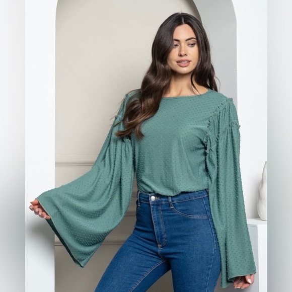 Peach Love Bell Long Sleeve Swiss Dot Open Back Bodysuit Preppy Fall - Picture 1 of 5